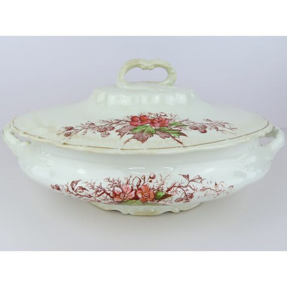 John Maddock Sons Royal Vitreous Covered Vegetable Bowl Ironstone Floral Antique - Picture 1 of 16